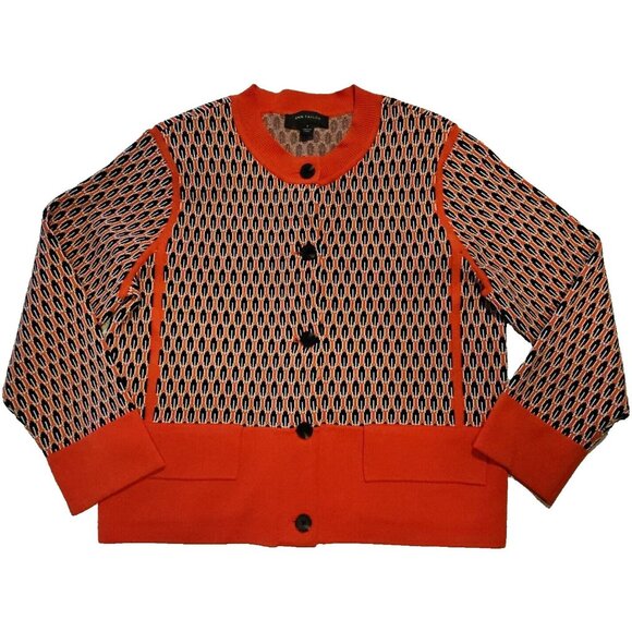 Ann Taylor Retro Geo Print Sweater Womens Small Coral 3/4 Sleeve Jacket Cardigan - Picture 4 of 11